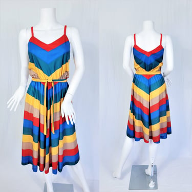 1980's Mitered Stripe Sun Dress Primary Colors I Sz Med I Lady Carol 