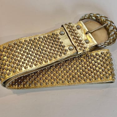 RARE 80's Gold Metallic Belt, Vintage Gold Studded Belt, 80s Leather Belt, Signed Leather Belt,  Gold Accessories, Retro Belt, Fancy Gold 