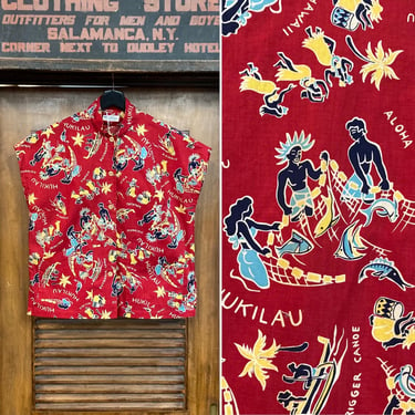 Vintage 1950’s “Kilohana” Cartoon Natives Hula Girl x Surfer Cotton Tea-Timer Hawaiian Shirt Top, 50’s Vintage Clothing 