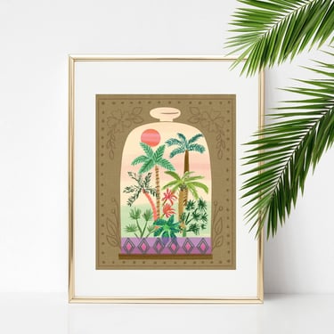 Palm Tree Terrarium 8 X 10 Art Print/ Tropical Forest Illustration/ Mixed Media Jungle Wall Art/ Island Inspired Home Decor 