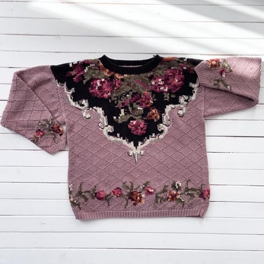 cottagecore sweater 80s 90s vintage pink purple floral embroidered sweater 