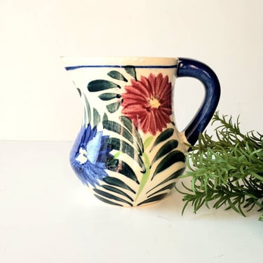 Vintage Japan Hand Painted Ceramic Cream, Syrup Pitcher/Blue Red Floral/ Blue Boho Pottery Pitcher Vase/ Italian Style/ Mid Century 