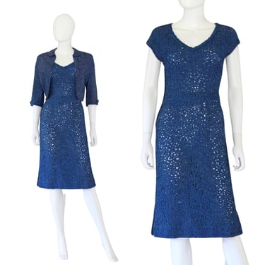 1950s Cornflower Blue Rayon Wiggle Dress with Matching Crop Jacket - 50s Wiggle Dress - 50s Dress & Jacket Set - 50s Blue Dress | Size Small 