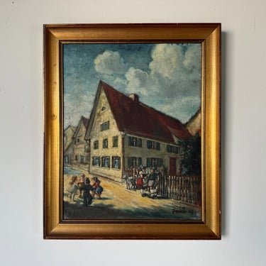 1940's Vintage Countryside - European Village Landscape Oil Painting, Framed 
