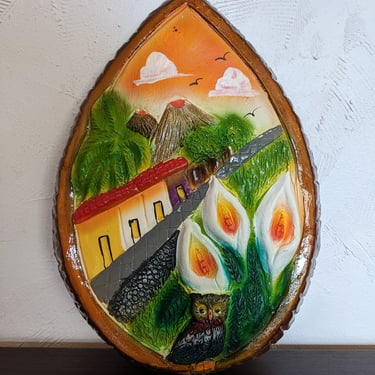 Hand Made Pottery Island Wood Volcanos Owl Wall Hanging 