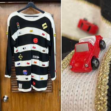 Vintage 1980’s Racing Toy Cars Black x White Stripe New Wave Matchbox Style Sweater Dress, Vintage Clothing 