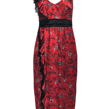 Cinq a Sept - Red Floral Paisley Satin Slip Dress w/ Ruffled Lace Sz 4