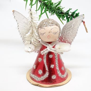 Vintage 1950's Glittered Spun Cotton Christmas Angel, for Putz or Nativity, Antique Silver Foil Paper Wings 