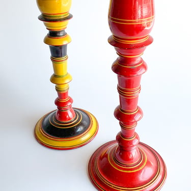 Vintage Yellow and Red Wooden Candlesticks