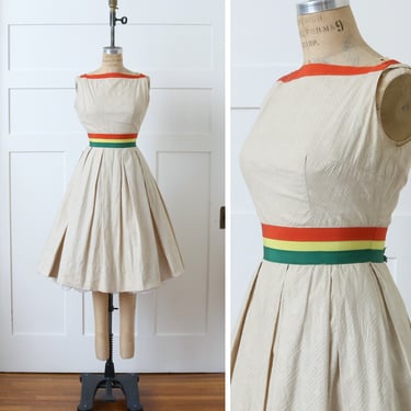 vintage 1950s summer cotton dress • striped ribbon waist fit & flare sundress 