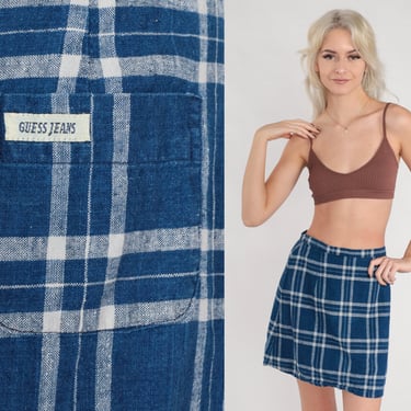 Blue Plaid Skirt 90s Guess Jeans Mini Skirt Retro School Girl Academia High Waisted Preppy Clueless Linen Cotton Vintage 1990s Small S 28 