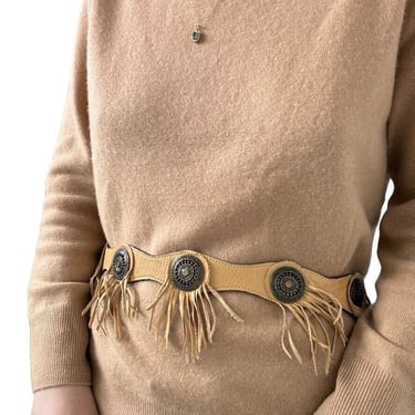 Vintage Womens Tan Brown Leather Fringe Western Hippie Rodeo Cowgirl Belt Sz 32 