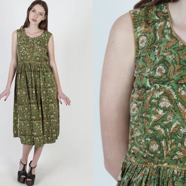 70s India Block Print Dress / Ethnic Clover Floral Festival Green Mini Dress 