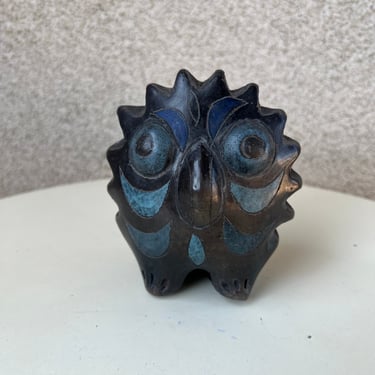 Vintage Owl Bird Figurine Black Clay Etched Painted Blue Made In Mexico. Size 4.5” 