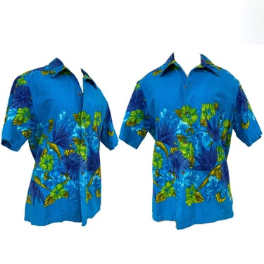Vtg Vintage 1960s 60s Original Bright Blue Bird Of Paradise Print Hawaiian Shirt 