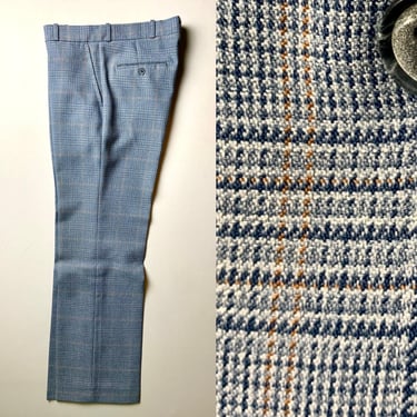 Vintage 70s Farah Mens Blue Check med Polyester Pants 32 x 31.5 