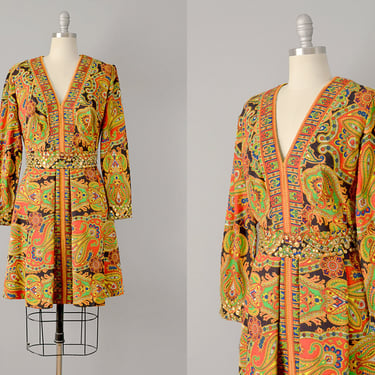 60s Dress // 1960’s Paisley Cotton Mini Dress w/ Colored Rhinestones // S-M 