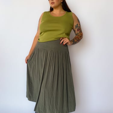 Y2K Olive Green Shirred Midi Skirt, sz. 5X