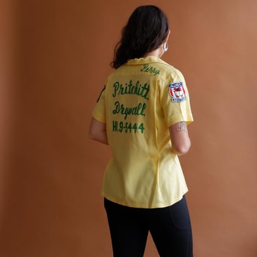 Vintage 60s Chainstitched Bowling Shirt/ 1960s Julie Embroidered Yellow Blouse/ Size Small Medium 34 