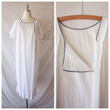 Edwardian 20s White Cotton Nursing Nightgown with Blue Trim Free Size 