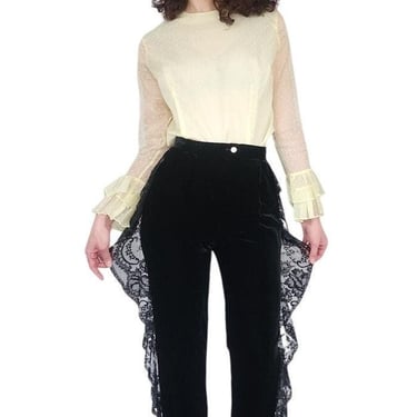 Vintage 80s Valentino Pants Black Velvet w/Lace Ruffled Trim 