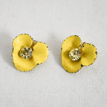 1950s Lisner Yellow Flower Rhinestone Clip Earrings 