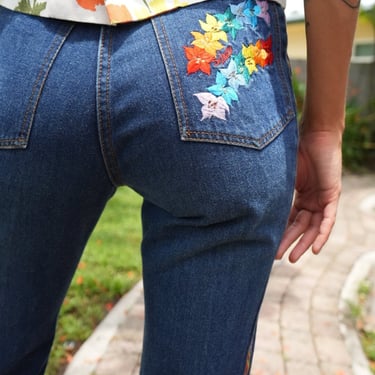 70's Embroidered Jeans / Rainbow Dark Wash Denim / Bell Bottoms / High Waist Rise Jeans / Haute Hippie / Festival Style 