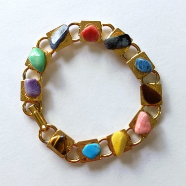 Pretty Vintage 60s 70s Natural Tumbled Stone Gold Metal Link Bracelet 