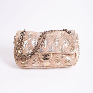 Vintage CHANEL Gold Metallic Snakeskin Leather and Crochet Single Flap Bag in Gold + Nude with Gunmetal Chain Strap CC Logo Python 