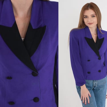 Royal Purple Blazer 90s Double Breasted Button Up Blazer Jacket Retro Professional Power Shoulders Secretary Vintage 1990s Extra Small xs 