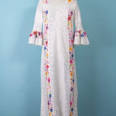 Incredible 1970s Embroidered Mexican Diamond Pintuck Dress with Crochet Lace Panels and Flounce Sleeves 