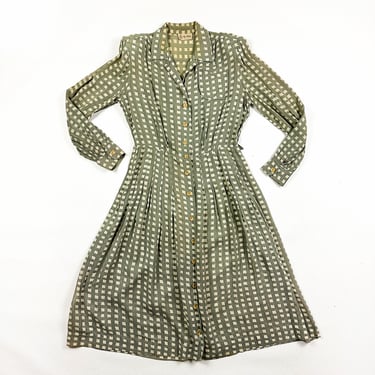 1940s Cay Artley Grey Square Print Cold Rayon Long Sleeve Shirt Dress / Sage / Pocket / 40s / Medium / Large / Matching Belt / Abstract / 