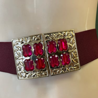 maroon jeweled stretch belt 1980s elastic ornate buckle large / XL 