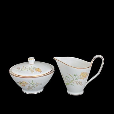 Vintage Mid Century Modern ROSENTHAL Porcelain BETTINA Pattern Floral Scenes Creamer and Sugar Bowl 1950s White & Gold Trim Kronach Germany 