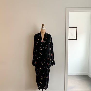 Norma Kamali vintage 1980s black floral rayon draped modified cocoon dress-size M 