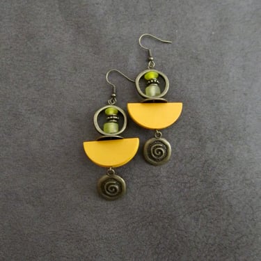 Yellow wood earrings, glass earrings, Afrocentric jewelry, African earrings, mid century modern earring, antique bronze bohemian earrings 