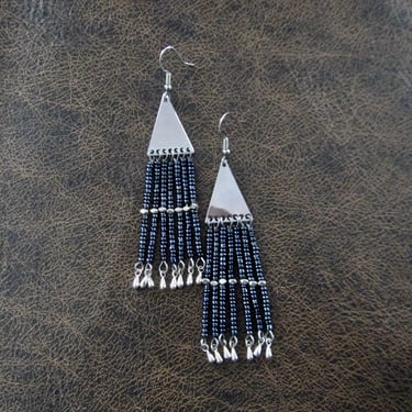 Long seed bead chandelier earrings, charcoal and silver 