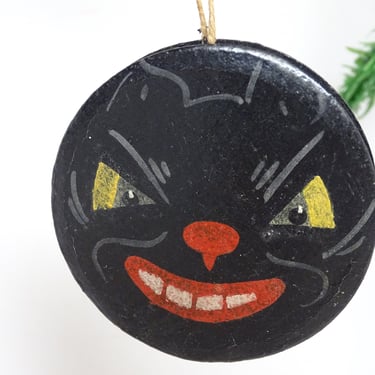 Vintage Small Halloween Black Cat Ornament, Retro MCM Hand Painted Paper Mache 