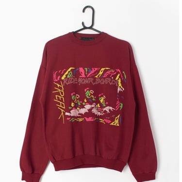 Vintage 80s graphic sweatshirt in rust red with neon multicoloured surfing design - Small 