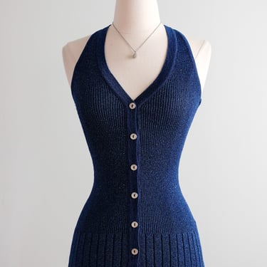 Vintage 1970's Sapphire Lurex Knit Sweater Vest by Yves Saint Laurent / S