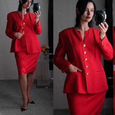 Vintage 90s LOUIS FERAUD Scarlet Red Linen Blend Skirt Suit w/ Large Gold Buttons | Made in Germany | 1990s Designer Minimalist Power Suit 