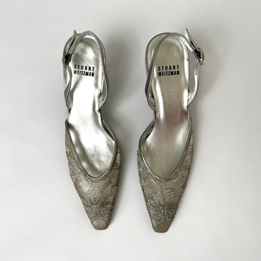 Stuart Weitzman Silver Lace Slingback Heels - 6