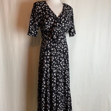 90’s black floral print dress rayon cinched waist long bias cut style vintage inspired cottage core feminine & flirty size Medium 