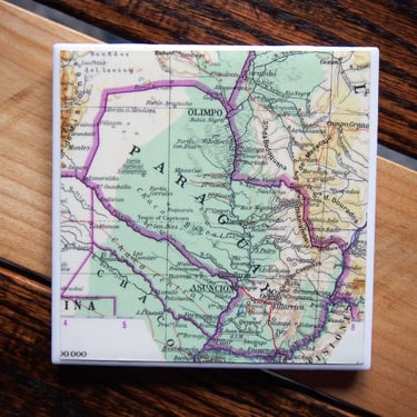 1966 Paraguay Vintage Map Coaster. Paraguay Map. Repurposed 1960s Atlas. South America Map Decor. Asuncion Map. World Traveler Gift Office. 
