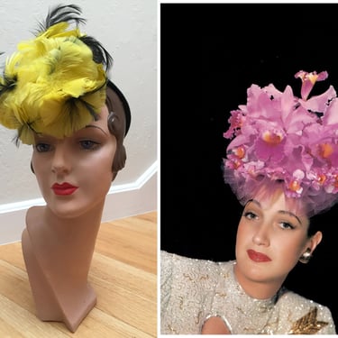 Who On Earth Does Subtle? - Vintage 1940s WW2 Banana Yellow & Black Feather Perch Tilt Topper Hat 