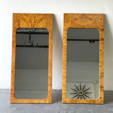 Pair of Mid-Century Milo Baughman Style Roland Carter for Lane Burl Wood Mirrors 