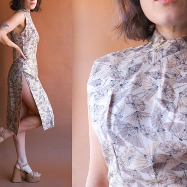 Vintage 50s Parasol Print Silk Dress with Side Slits/ Size Medium 