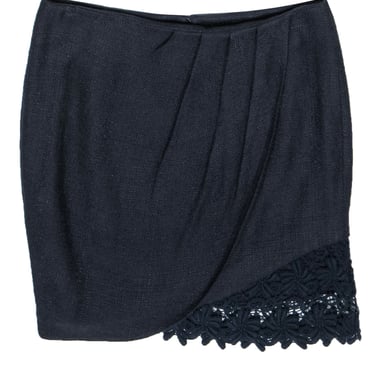 Elie Tahari - Navy Tweed Draped Skirt w/ Floral Lace Trim Sz 6