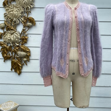 1980s cardigan, puff shoulders, lilac Angora, vintage sweater, signature, crochet sweater, medium large, feminine, fluffy wool, harlequin 