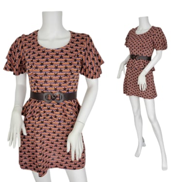 1970's BlueYellow Star Print Poly Knit Mini Dress I Sz Sm 